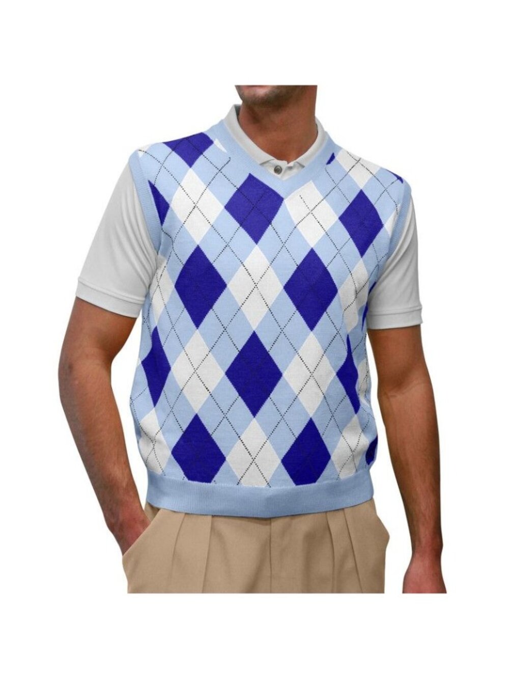 Golf Knickers Argyle Sweater Vest Men's Lt. Blue/Royal/White V-Neck XL Academia